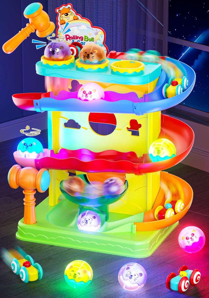 Funwee 2in1 Rolling Ball  Racing Car Ramp Toy for Toddlers Race Track Hammer Lights Ball Drop Interactive Montessori Learning Game Birthday Gift Idea for Kids 2 3 4 5Year Old Girl BoyYellow - Image 3