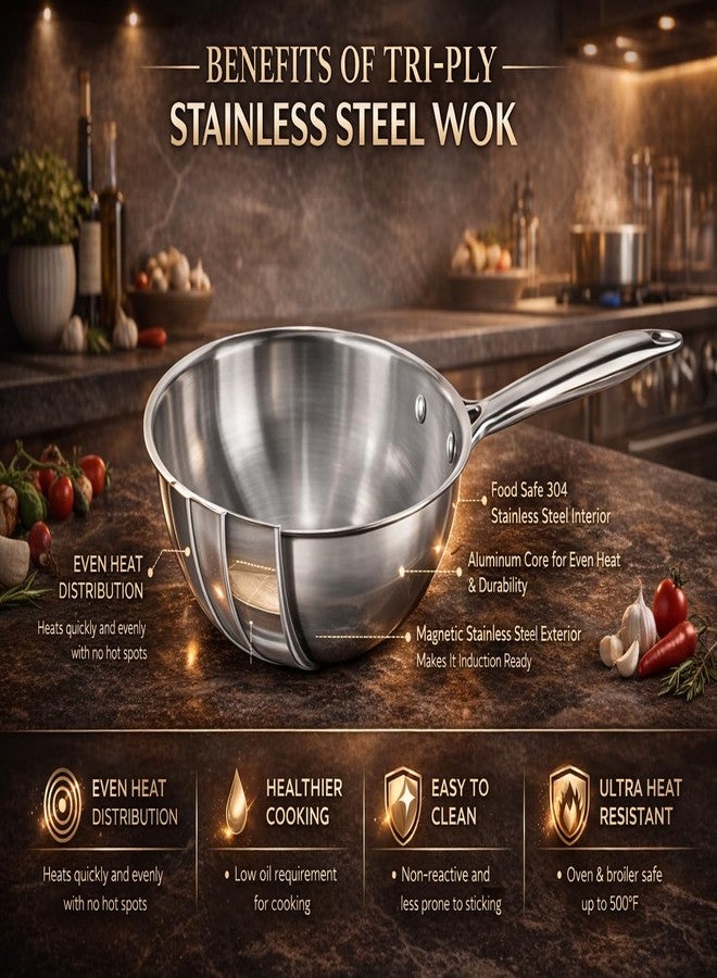 WEKTU Stainless Steel Wok with Lid, 20cm Diameter, 1.5 Litre Capacity, Triply Construction, Dishwasher and Oven Safe, Compatible with All Cooktops - Image 4
