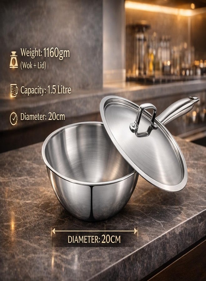 WEKTU Stainless Steel Wok with Lid, 20cm Diameter, 1.5 Litre Capacity, Triply Construction, Dishwasher and Oven Safe, Compatible with All Cooktops - Image 2