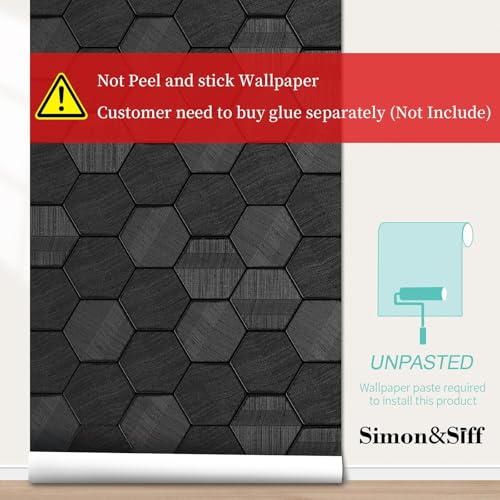Simon&Siff Black Textured Wallpaper 3D Embossed Hexagon Wallpaper 17.3in x 19.7ft Non Woven Traditional Wallpaper for Bedroom Bathroom Textured Walls in The Bathroom (Non-Pasted) - Image 3