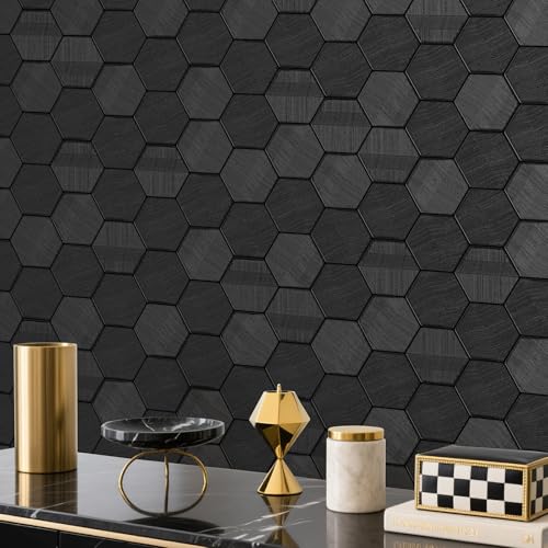Simon&Siff Black Textured Wallpaper 3D Embossed Hexagon Wallpaper 17.3in x 19.7ft Non Woven Traditional Wallpaper for Bedroom Bathroom Textured Walls in The Bathroom (Non-Pasted) - Image 1