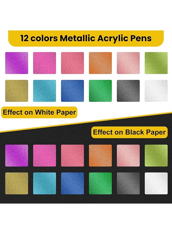 Wffo 12 Pack Metallic Markers, Dual Tip Glitter Pens for Black Paper & Rock Painting Metallic Acrylic Paint Markers for DIY Crafts, Scrapbooking, Glass, Wood, Cards Alcohol Based Quick Dry Ink - Image 2