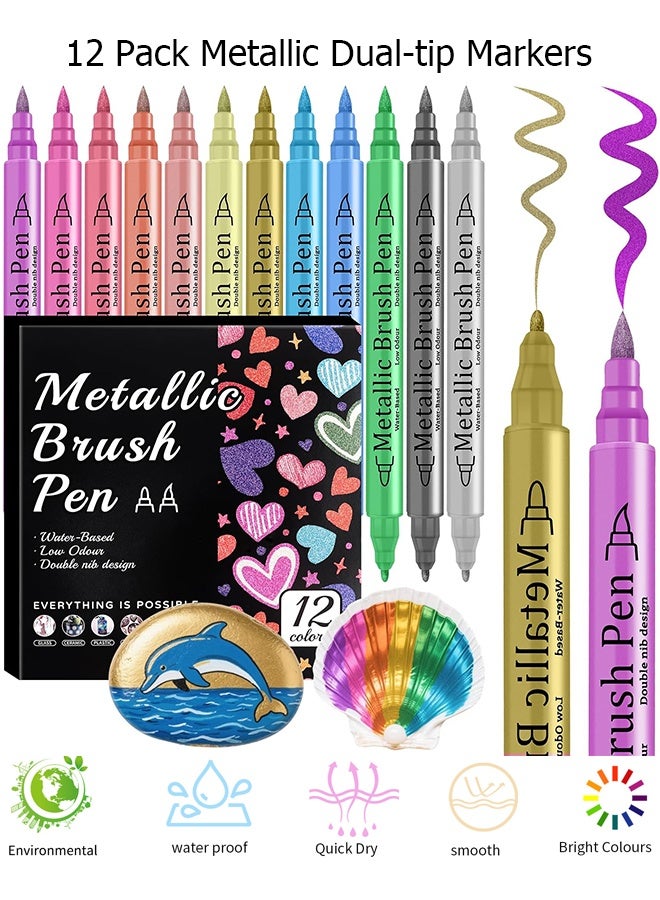 Wffo 12 Pack Metallic Markers, Dual Tip Glitter Pens for Black Paper & Rock Painting Metallic Acrylic Paint Markers for DIY Crafts, Scrapbooking, Glass, Wood, Cards Alcohol Based Quick Dry Ink - Image 1
