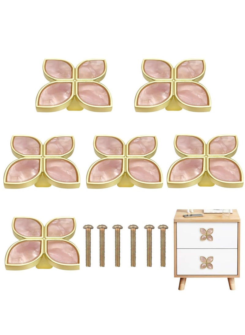Knobs Four-Leaf Clover Brass Pulls Handles, Gold Knobs Dresser Knobs Clover Cabinet Handles with Screws for Dresser Drawers Kitchen Cabinet Pink, 6 pcs - Image 1