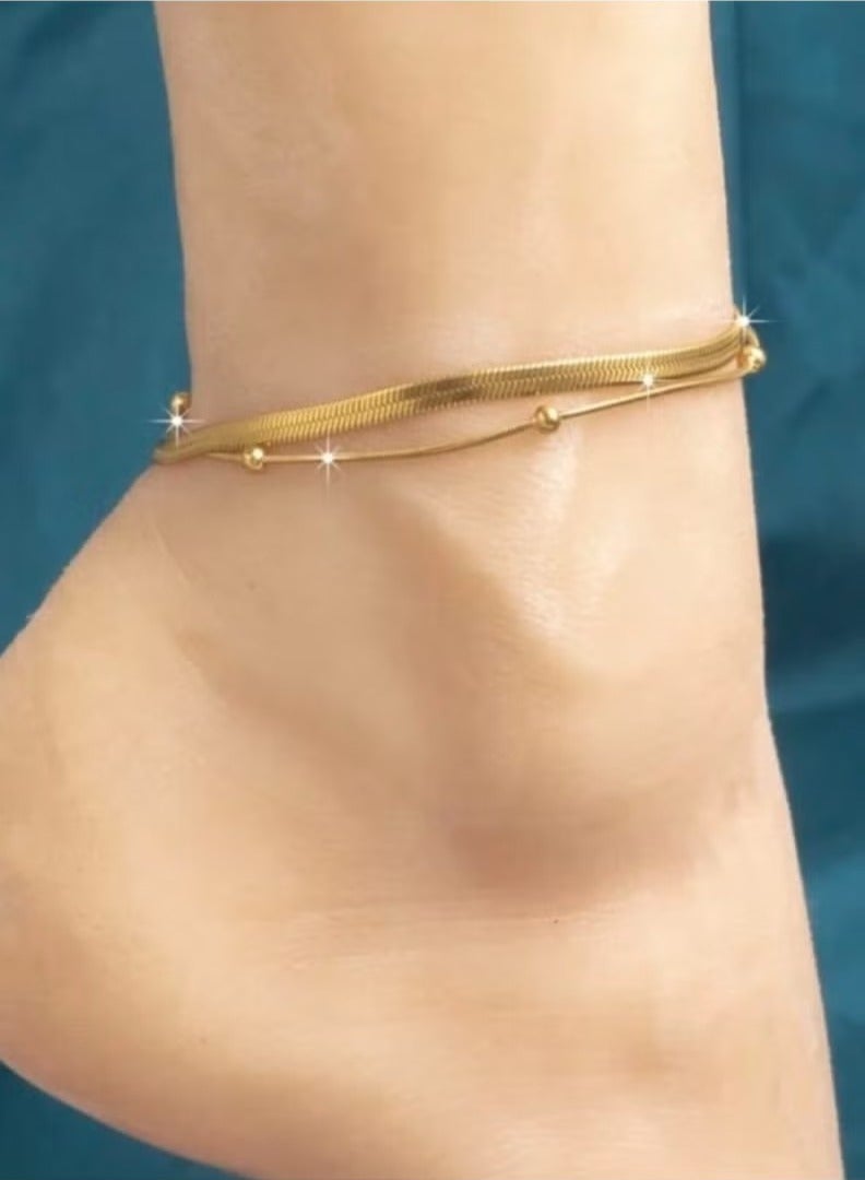 Fashion Stainless Steel 18K Gold Plated Double Layer Ball Bead Anklet for Women Party Holiday - Image 2