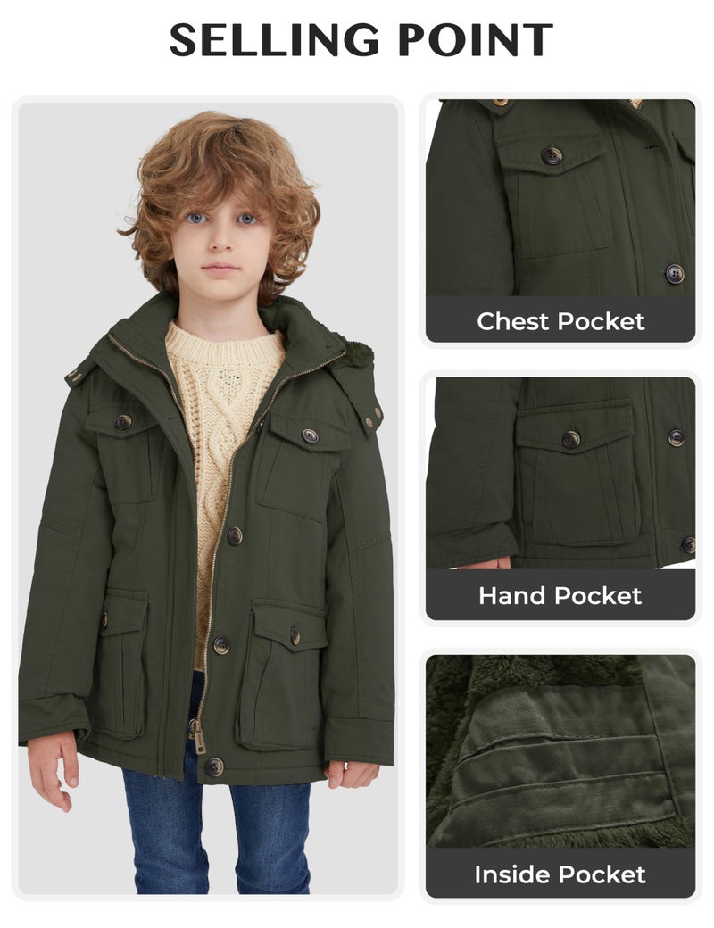 WenVen Boy's Winter Warm Sherpa Insulated Coat with Hoodie (Army Green, 8) - Image 4