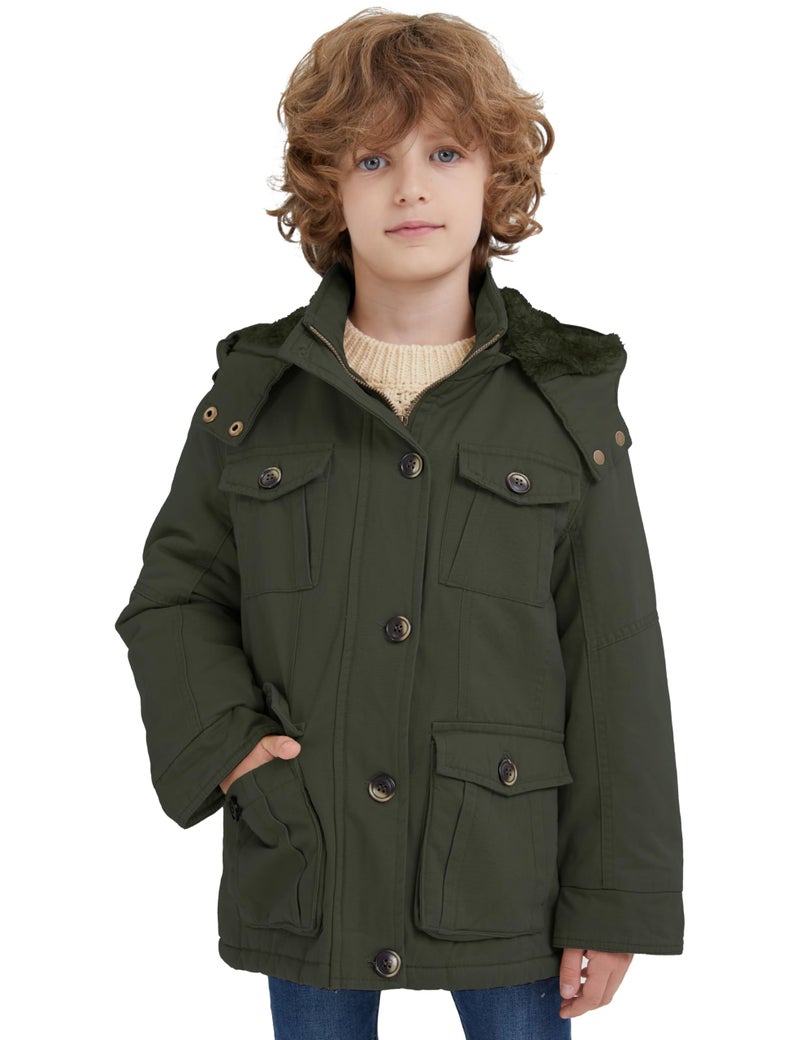 WenVen Boy's Winter Warm Sherpa Insulated Coat with Hoodie (Army Green, 8) - Image 3