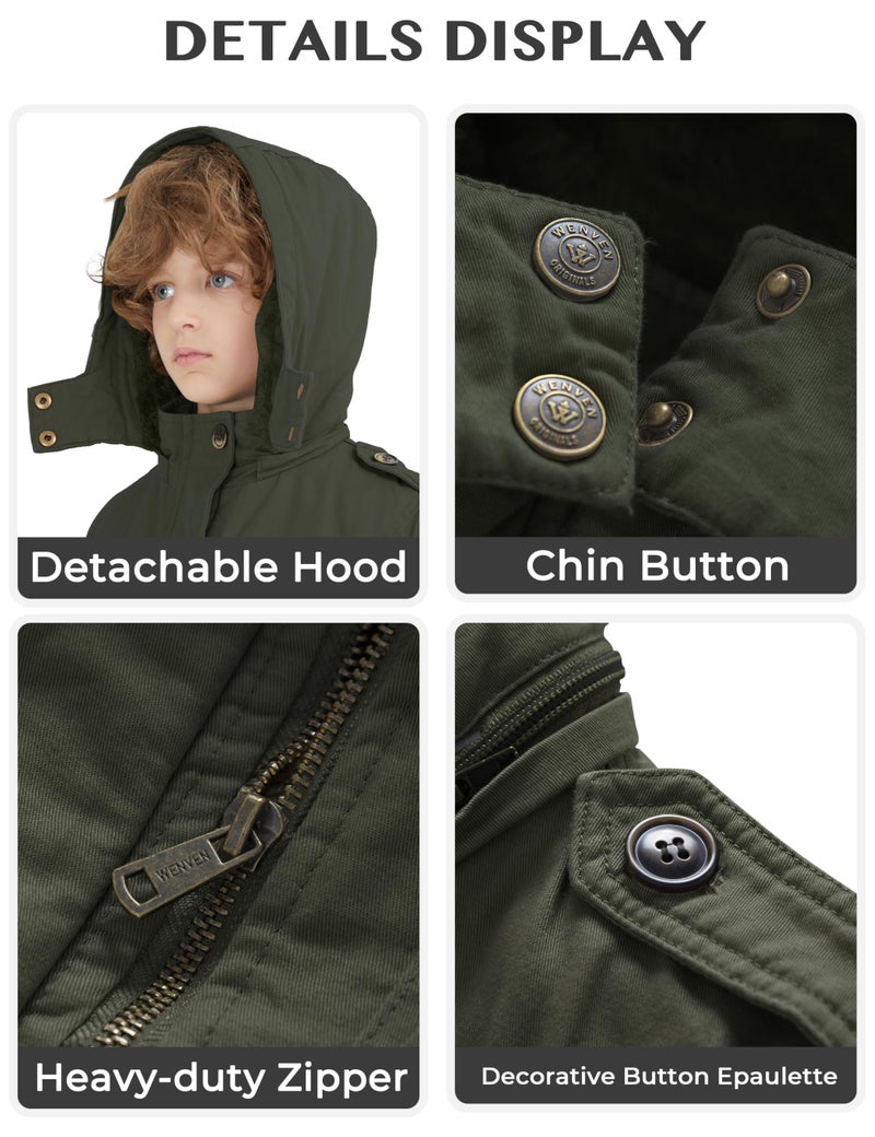 WenVen Boy's Winter Warm Sherpa Insulated Coat with Hoodie (Army Green, 8) - Image 5