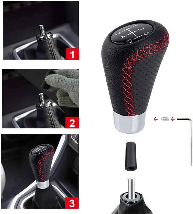 Universal 5 Speed Manual Leather Red Stitch Gear Shift Knob Car Gear Stick Shift Knob Lever Manual Transmission M8 M10 M11 M12(Black) - Image 5