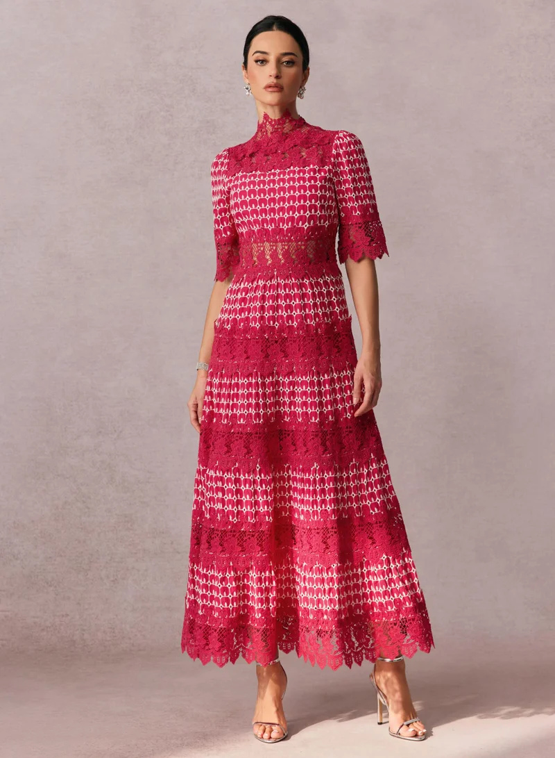 Sunfere Sabrina Embroidered Lace Short Sleeve Midi Dress