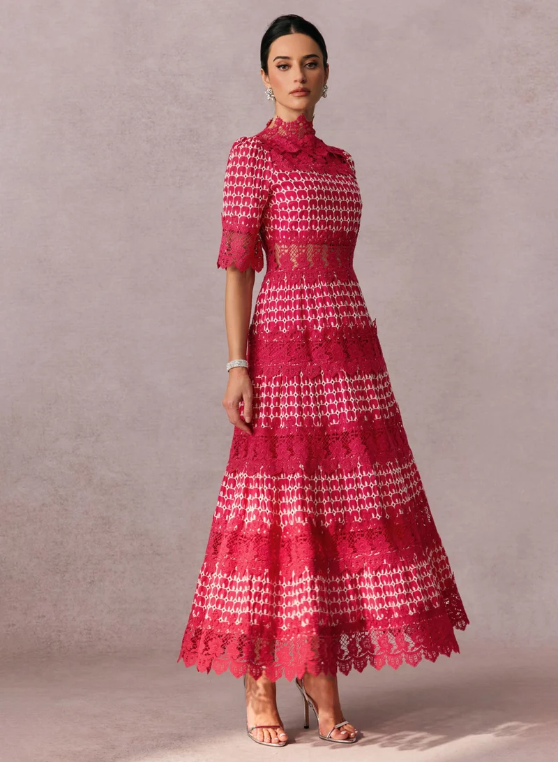 Sunfere Sabrina Embroidered Lace Short Sleeve Midi Dress