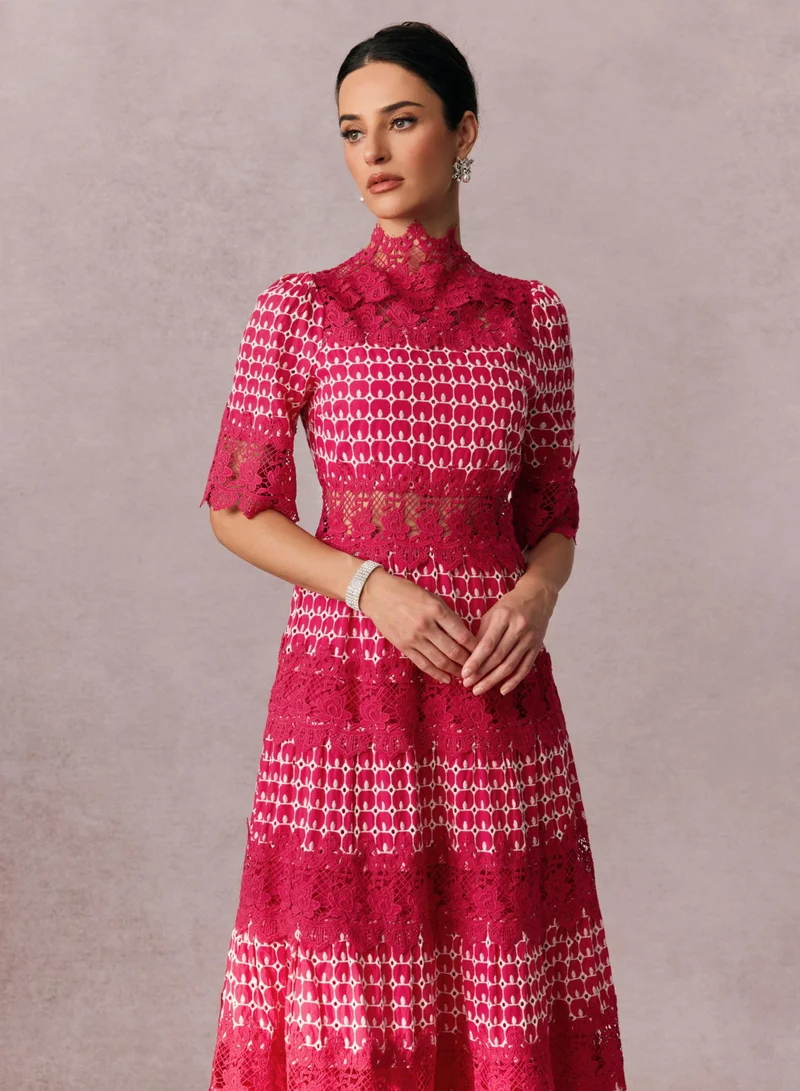 Sunfere Red Sabrina Embroidered Lace Short Sleeve Midi Dress for Women | Best Price UAE