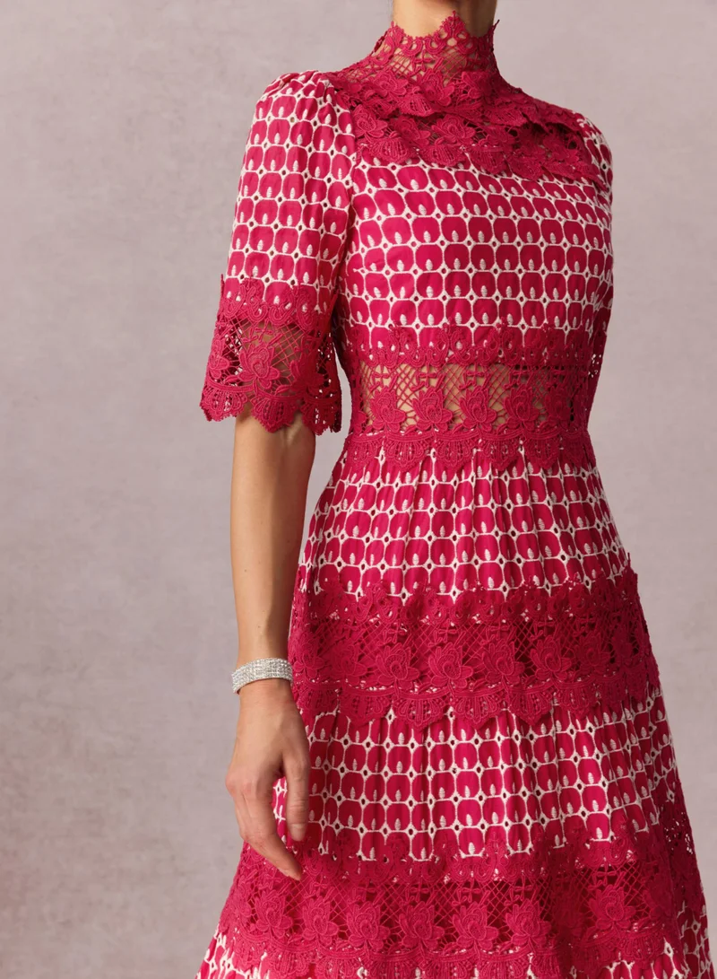 Sunfere Red Sabrina Embroidered Lace Short Sleeve Midi Dress for Women | Best Price UAE