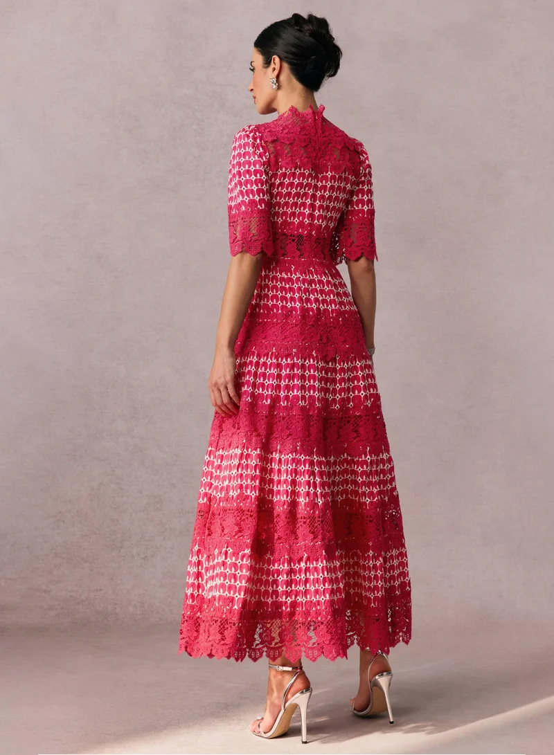 Sunfere Red Sabrina Embroidered Lace Short Sleeve Midi Dress for Women | Best Price UAE
