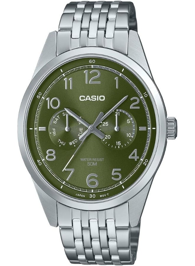 CASIO Mens Watch Green Dial Silver Band MTP-E340D-3AVDF - Image 1