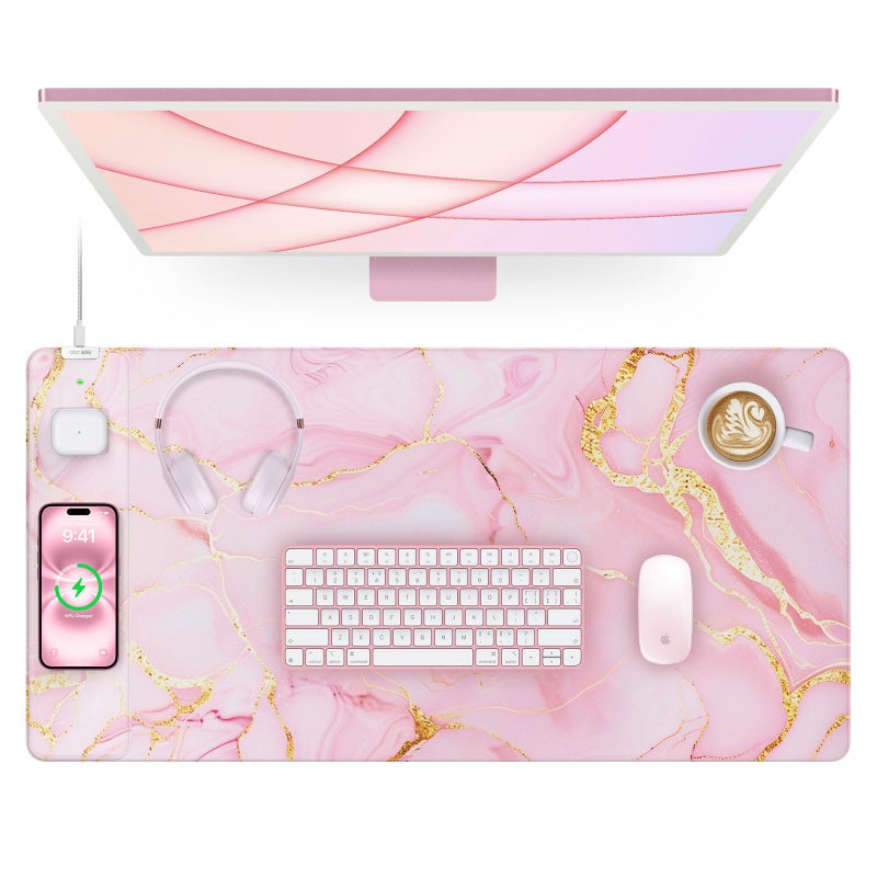 abc.mat Pink Marble Mouse Pad with 15W Wireless Charging, 31.5"x15.8" Large Gaming Desk Pad/Mat for Women Girls, Waterproof Ultra-Smooth Surface, Non-Slip Base - Image 1