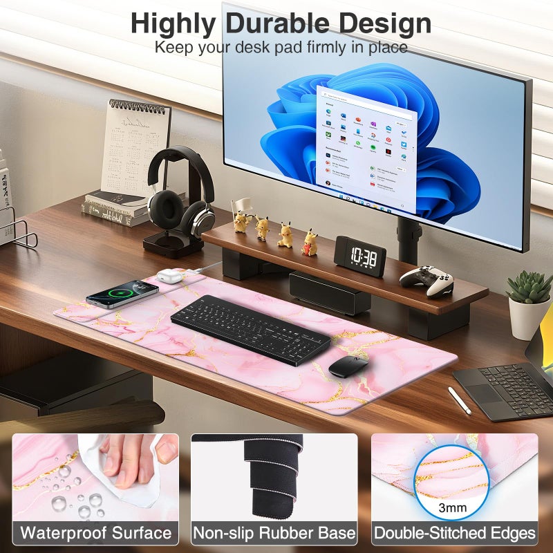 abc.mat Pink Marble Mouse Pad with 15W Wireless Charging, 31.5"x15.8" Large Gaming Desk Pad/Mat for Women Girls, Waterproof Ultra-Smooth Surface, Non-Slip Base - Image 5