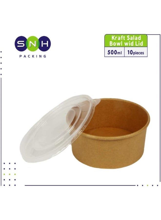 SNH Packing Eco Friendly Kraft Salad Bowl Bio Disposable Dishes Soup Brown With Lid - 500ml 10 Pieces - Image 2