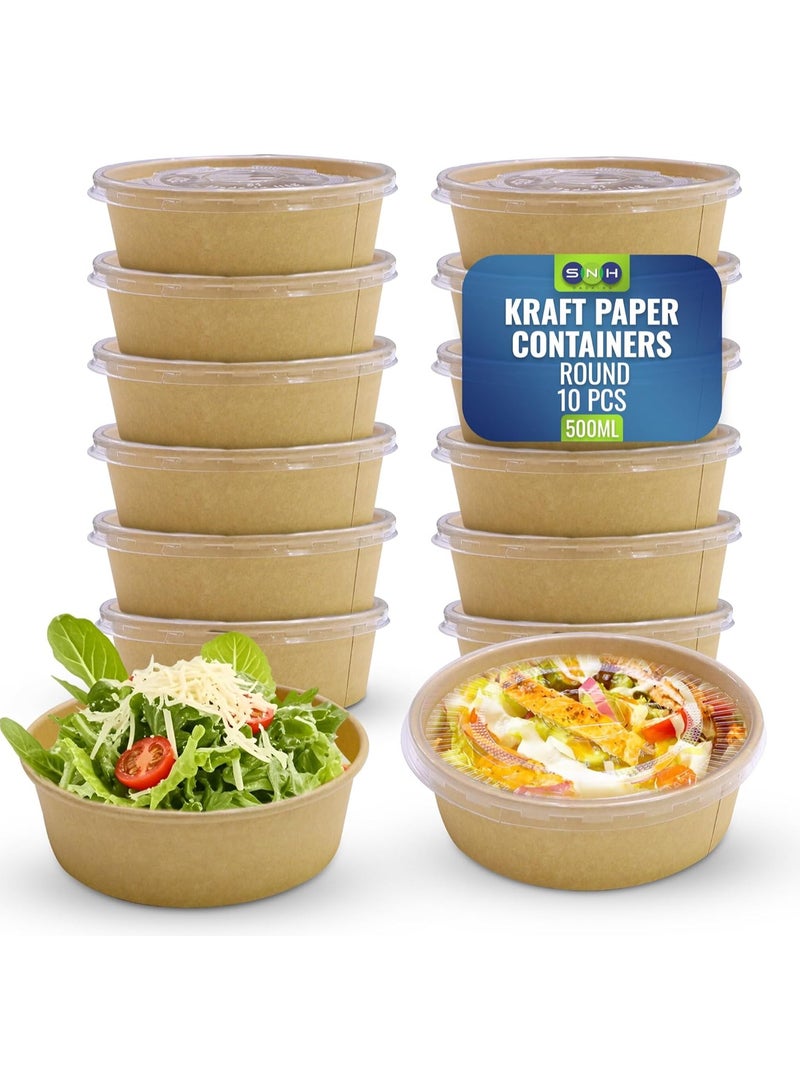 SNH Packing Eco Friendly Kraft Salad Bowl Bio Disposable Dishes Soup Brown With Lid - 500ml 10 Pieces - Image 1