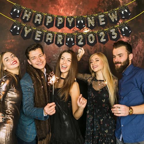 WOBBOX Happy New Year Bunting Banner Happy New Year 2023 Golden & Silver Gliter With Sparkling Background, Happy New Year 2023 Decoration - Image 5