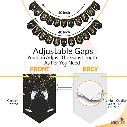 WOBBOX Happy New Year Bunting Banner Happy New Year 2023 Golden & Silver Gliter With Sparkling Background, Happy New Year 2023 Decoration - Image 3