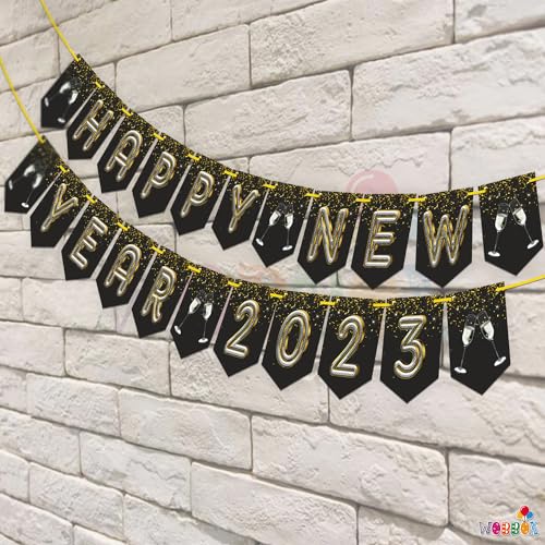WOBBOX Happy New Year Bunting Banner Happy New Year 2023 Golden & Silver Gliter With Sparkling Background, Happy New Year 2023 Decoration - Image 4