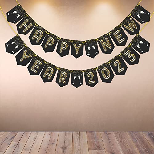 WOBBOX Happy New Year Bunting Banner Happy New Year 2023 Golden & Silver Gliter With Sparkling Background, Happy New Year 2023 Decoration - Image 1
