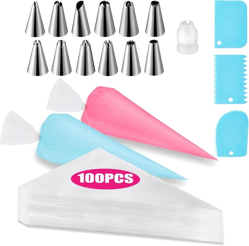 Inditradition Piping Bags and Nozzle Tips Set for Cake Decoration Cakes Decorating Supplies Kit with 100 Pcs Pastry Bags 12 Piping Tips 3 Cake Scraper 1 Coupler Combo Pack Multicolor - Image 1