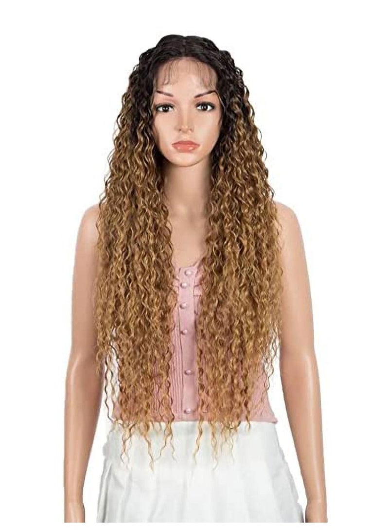 إستيل شعر مستعار أمامي طويل مجعد من الدانتيل مع 13 بوصة × 2.5 بوصة شعر مستعار مقلد لفروة الرأس الاصطناعية مقاومة للحرارة شعر مستعار صناعي للنساء 130٪ كثافة مجعد أومبير لون العسل - Image 1