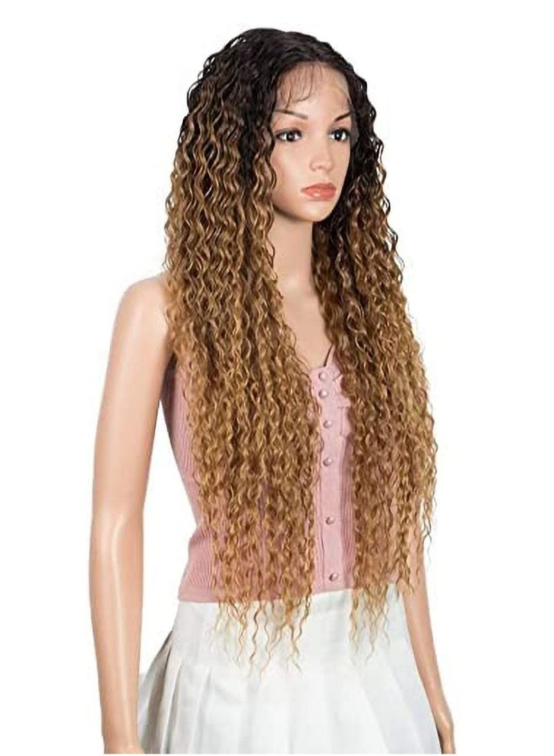 إستيل شعر مستعار أمامي طويل مجعد من الدانتيل مع 13 بوصة × 2.5 بوصة شعر مستعار مقلد لفروة الرأس الاصطناعية مقاومة للحرارة شعر مستعار صناعي للنساء 130٪ كثافة مجعد أومبير لون العسل - Image 2