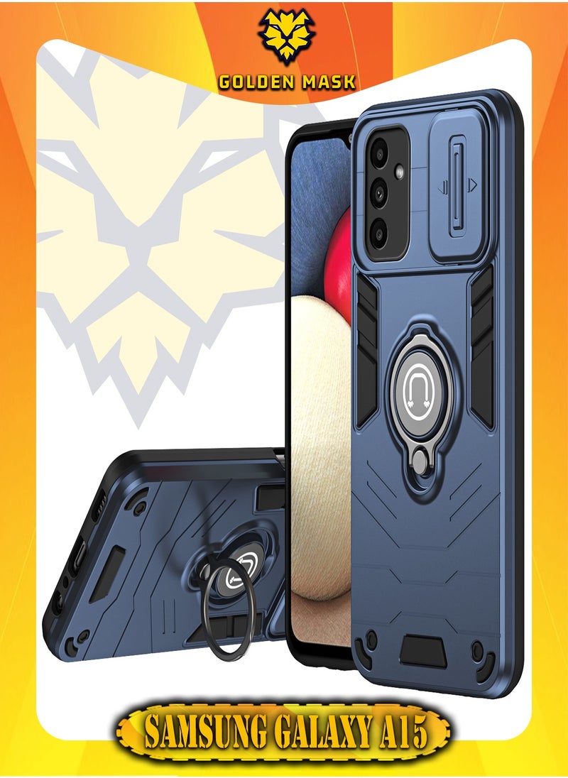 GOLDEN MASK - GOLDEN MASK For Samsung Galaxy A15 Armor Window Bracket Camera Shield Cover Camera Lend Protection With Ringe (Navy Blue) - Image 1