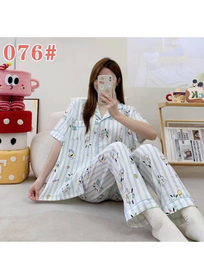 Korean Style Women's Cotton Pajama Set, Soft Cloud Cotton Sleepwear, Short Sleeve Button-Up Top & Long Pants, Free Size