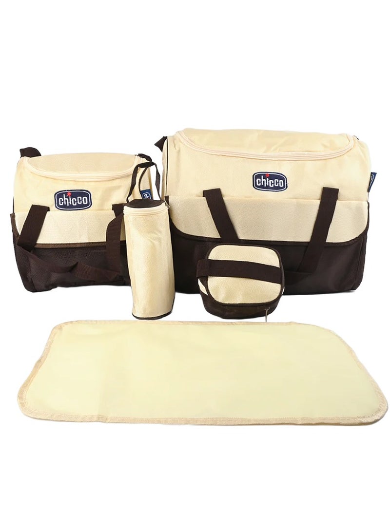 شيكو مجموعة حقيبة الطفل 5 قطع للأمهات (حقيبة كبيرة، حقيبة صغيرة، حامل زجاجة معزول، حقيبة صغيرة جدًا للإكسسوارات، حصيرة تغيير الحفاضات) لحمل جميع مستلزمات الطفل أثناء التنقل أو السفر أو الرحلات والنزهات، لون بني وبيج، قماش متين وعالي الجودة - Image 1