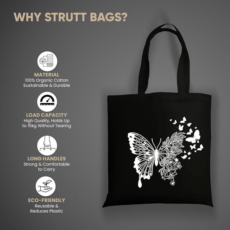 STRUTT حقيبة قماش قابلة للطي للنساء، حقيبة للتسوق للفتيات الجامعيات، حقيبة تسوق قابلة لإعادة الاستخدام من قطن عضوي 100%، حقيبة متعددة الأغراض صديقة للبيئة للسفر والاستخدام اليومي - فراشة بيضاء - Image 2