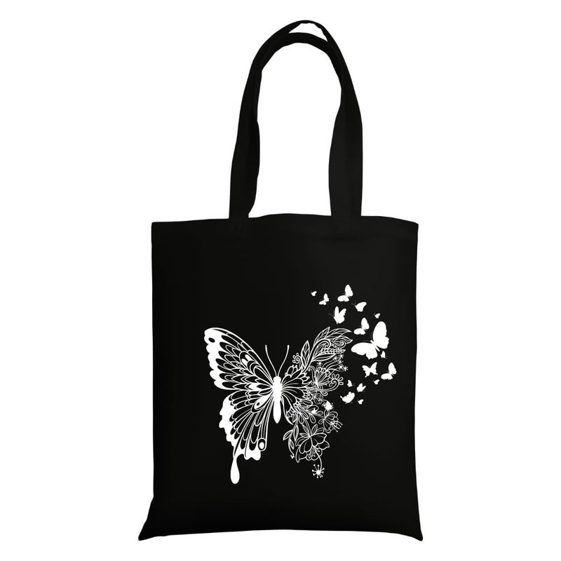 STRUTT حقيبة قماش قابلة للطي للنساء، حقيبة للتسوق للفتيات الجامعيات، حقيبة تسوق قابلة لإعادة الاستخدام من قطن عضوي 100%، حقيبة متعددة الأغراض صديقة للبيئة للسفر والاستخدام اليومي - فراشة بيضاء - Image 1