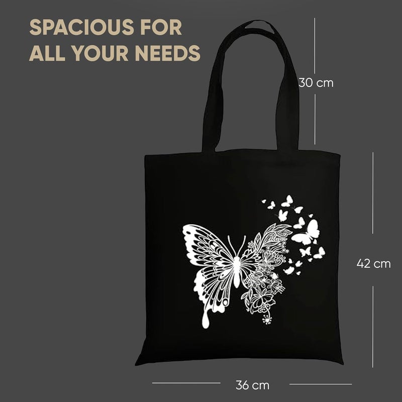 STRUTT حقيبة قماش قابلة للطي للنساء، حقيبة للتسوق للفتيات الجامعيات، حقيبة تسوق قابلة لإعادة الاستخدام من قطن عضوي 100%، حقيبة متعددة الأغراض صديقة للبيئة للسفر والاستخدام اليومي - فراشة بيضاء - Image 5