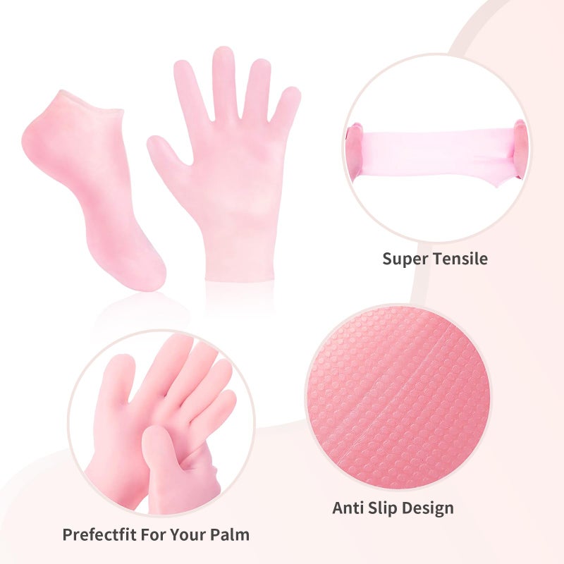 MoyRetty 2 Pairs Moisturizing Glove Socks Set, Silicone Gel Spa Socks for Dry Cracked Skin,Silicone Gel Heel Socks Anti Slip,for Foot Hand Softening, Calluses, Foot Care After Pedicure(Pink) - Image 4