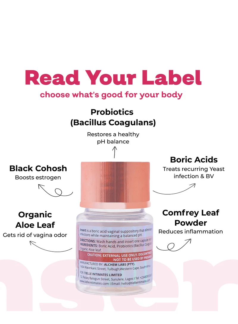 تييلي انتميتس Tielle Boric Acid feminine inserts|With Probiotics| 600mg | Intimate health support