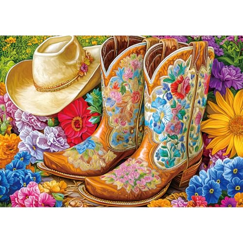 MINIWAN Cowboy Boot Hat 300 Piece Puzzle for Adults Fun Puzzles for Adults 300 Pieces with HD Print Poster17 X 11 Dust Free for Gifts Birthday Holiday Party Family Games Lovers - Image 1