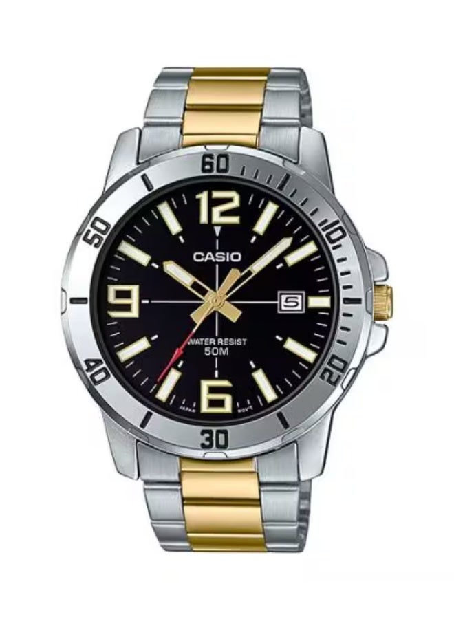 CASIO ساعة كاسيو MTP-VD01SG-1BVUDF للرجال - مصنوعة من الفولاذ المقاوم للصدأ بلونين - قرص أسود، سوار ذهبي وفضي، عرض التاريخ، مقاومة للماء حتى 50 م (كاجوال أنيق)