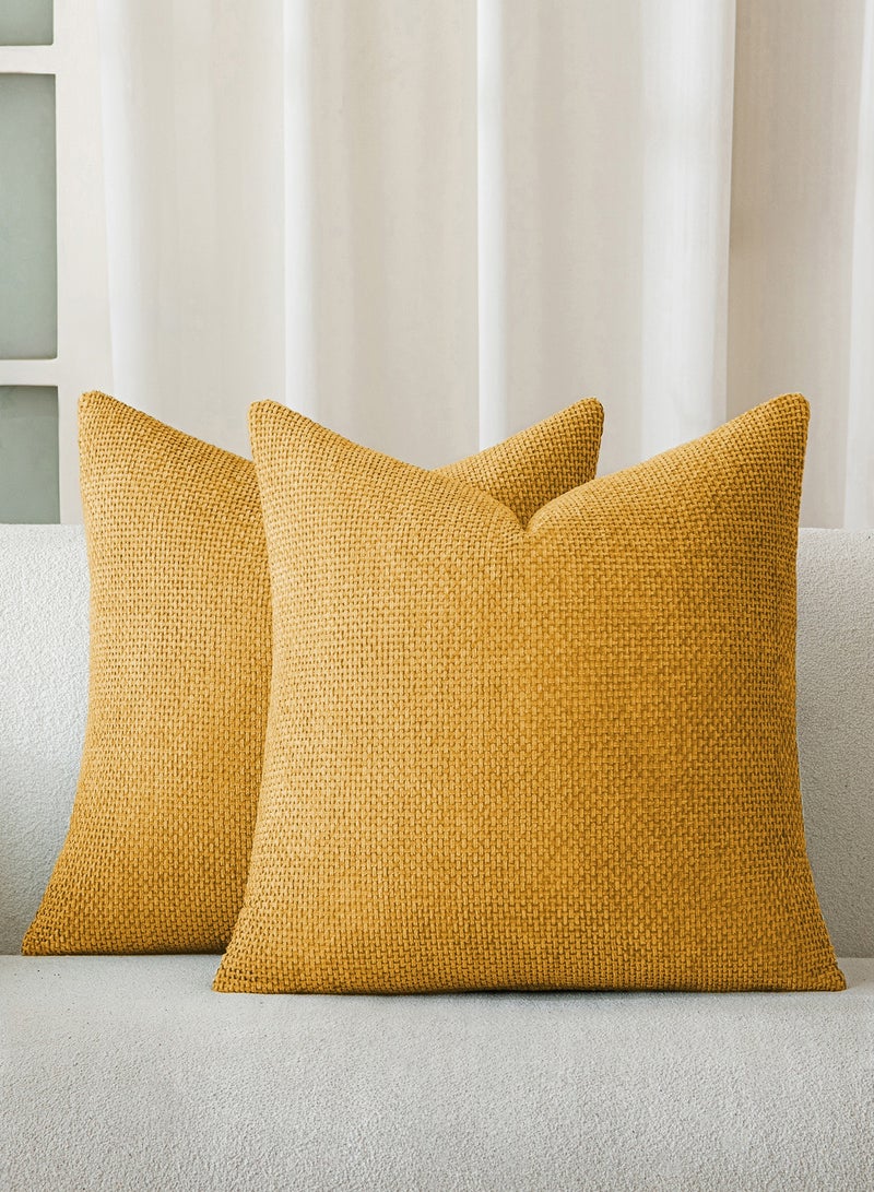 لحظة غطاء وسادة شنيلي باللون الأصفر الخردلي لحظة 45x45 سم عبوة من 2 غطاء وسادة زخرفي حديث من الطراز الريفي على شكل صليب. - Image 1