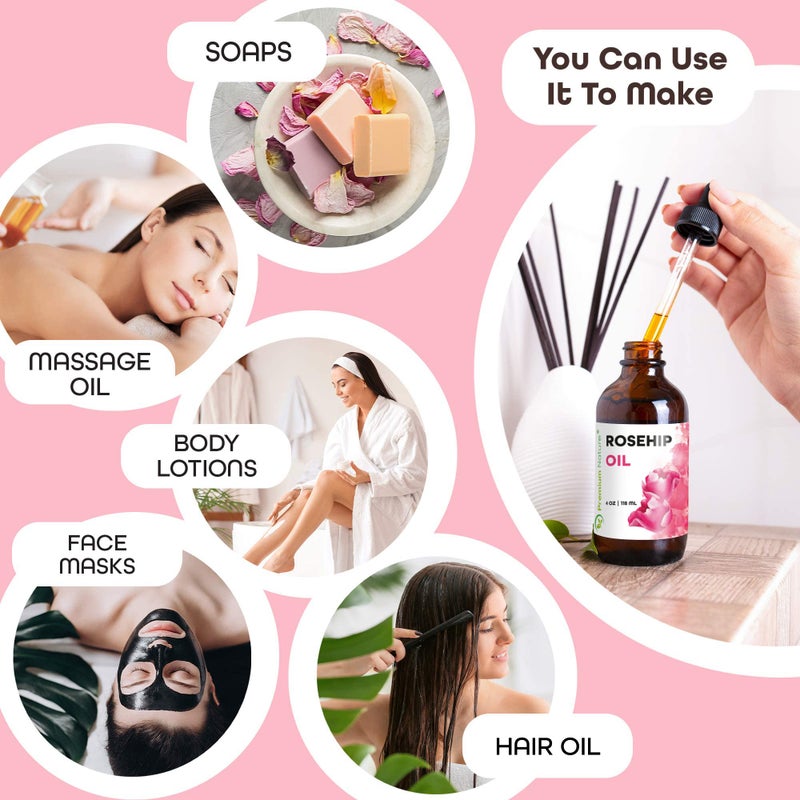 Premium Nature زيت الورد البري الفاخر للوجه للنساء، زيت بذور الورد البري النقي المضغوط على البارد غير المكرر للعناية بالشعر والأظافر، زيوت وسيرومات وجه الورد البري 4 أونصات - Image 3