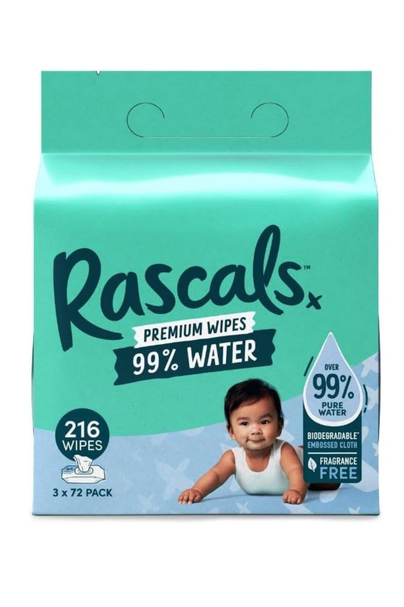 Rascals Premium Sensitive Baby Wipes | Hypoallergenic & Dermatologist Tested Wet Wipes | 99% Natural Formula Baby Travel Wipes - Thick & Plastic Free wet wipes for baby - Pack of 216 (72 x 3) - Image 1