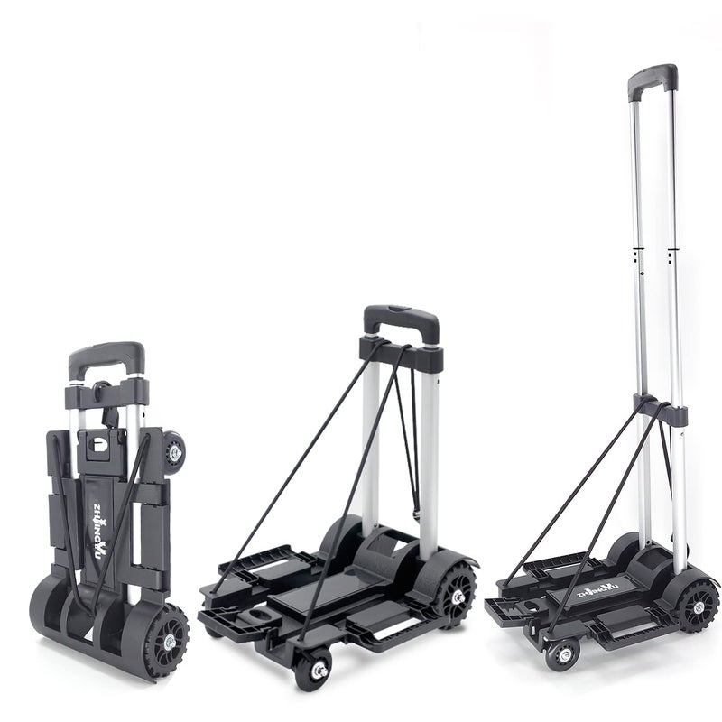 ZHJINGYU ZHJINGYU Folding Hand Truck TrolleyUtility cart with 4 Wheels  2 Elastic RopesPortable Backpack TrolleyLuggage cartDollyGrocery cartTravelMovingShoppingAluminum PoleBlackSmall 