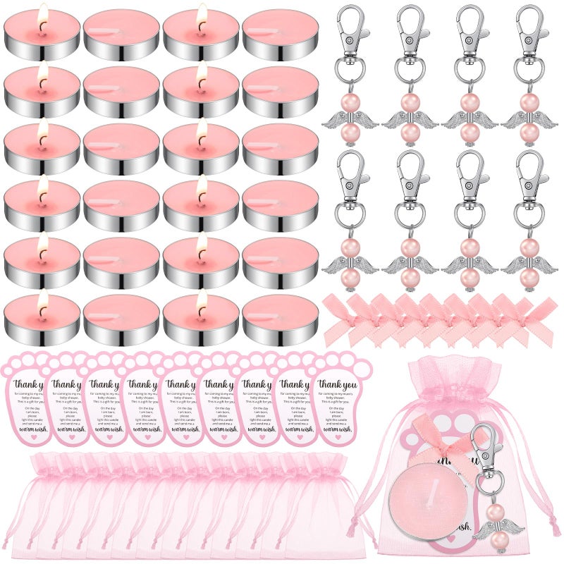 Landical 50 Sets Baby Shower Favors for Guests Including 50 Unscented Tealight Baby Shower Candles 50 Angel Keychains 50 Gift Bags 50 Cards for Gender Reveal PartyPink - Image 2