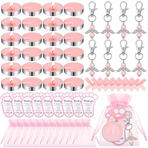 Landical 50 Sets Baby Shower Favors for Guests Including 50 Unscented Tealight Baby Shower Candles 50 Angel Keychains 50 Gift Bags 50 Cards for Gender Reveal PartyPink - Image 1