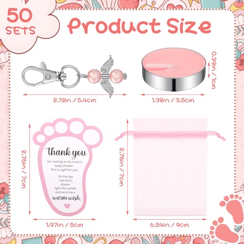Landical 50 Sets Baby Shower Favors for Guests Including 50 Unscented Tealight Baby Shower Candles 50 Angel Keychains 50 Gift Bags 50 Cards for Gender Reveal PartyPink - Image 3