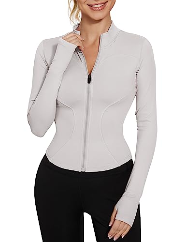 LUYAA Lightweight Jacket Women Crop Long Sleeve Workout Tops Full Zip Up Gym Track Running Jackets for Women Ivory White M - Image 1