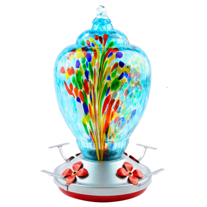 WOSIBO Hummingbird Feeder for Outdoors Patio Large 32 Ounces Colorful Hand Blown Glass Hummingbird Feeder with Ant Moat Hanging Hook, Rope, Brush and Service Card (Blue-Firework) - Image 1