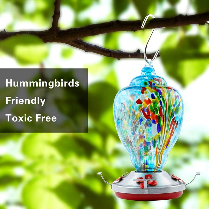 WOSIBO Hummingbird Feeder for Outdoors Patio Large 32 Ounces Colorful Hand Blown Glass Hummingbird Feeder with Ant Moat Hanging Hook, Rope, Brush and Service Card (Blue-Firework) - Image 3